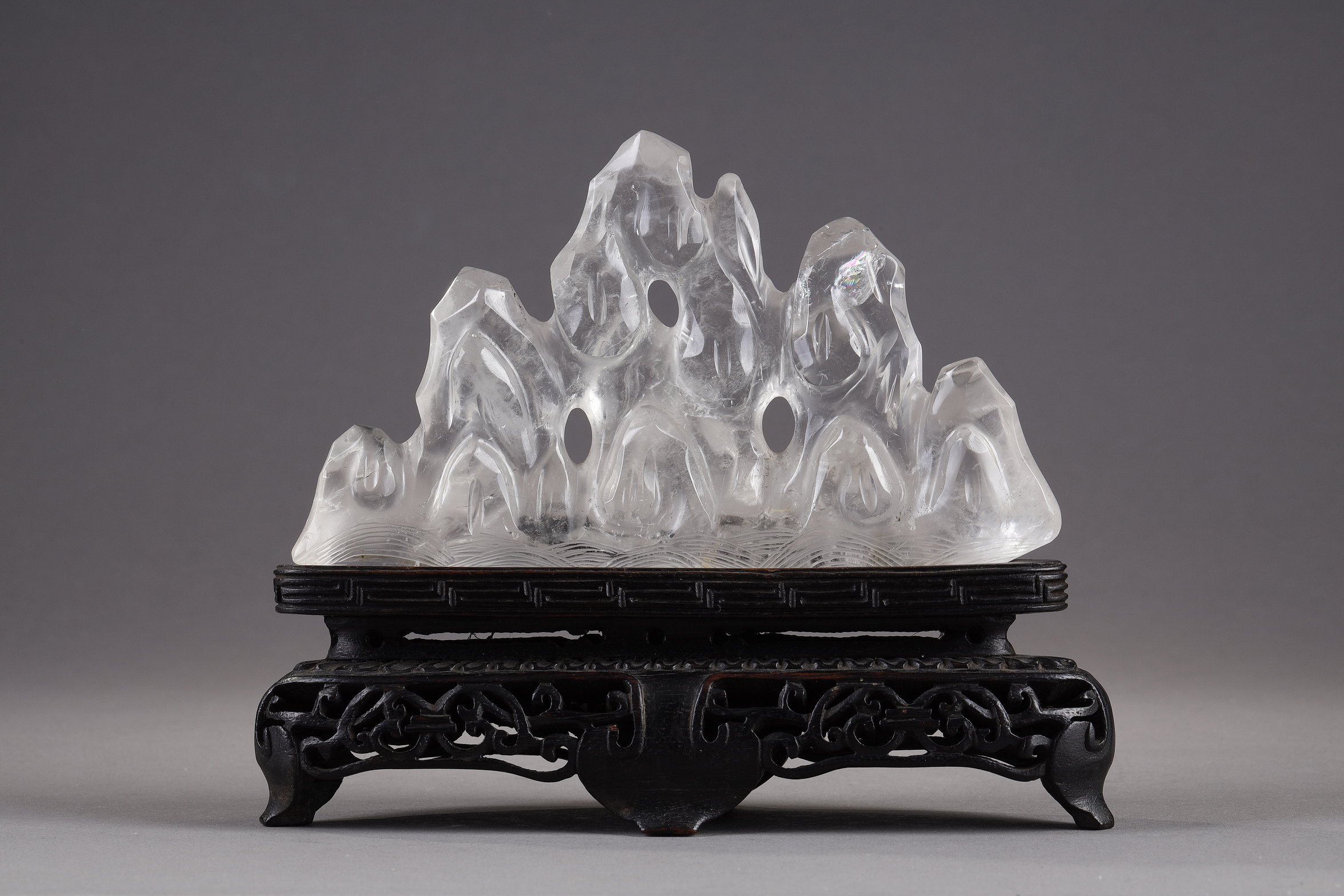 brushrest ( scholar object )  finely carved rock crystal shaped mountain peaks - China 18th century -
 wooden base later
